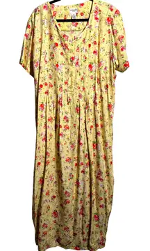 VTG 90s Liz Baker 20W Yellow Floral Button Up Rayon Maxi Dress Short Sleeve Boho