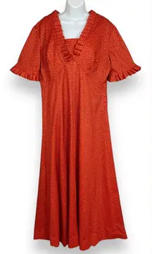 Vintage Prairie Dress 70s Calico Orange Maxi Plus‎ Size Retro Short Sleeve Retro