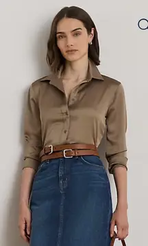 Lauren Ralph Lauren Classic Fit Satin Charmeuse Shirt in Green NWT