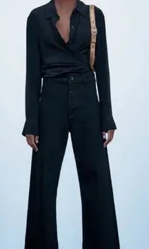 Zara ZW Premium Marine Straight Jeans Fray Raw Hem Wide Leg Crop‎ Size 4