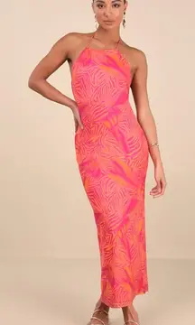 NWT Lulus Camadi Hot Pink Animal Print Mesh Backless Midi Dress Bohemian Sz L