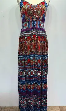 Patrons of Peace Red Blue Yellow Boho Print Ruched Maxi Sundress Size M