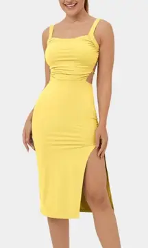 Halara Ruched Backless Crisscross LaceUp Split Bodycon Midi Casual Dress yellow