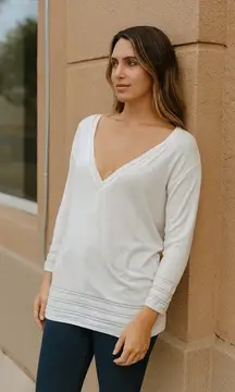 J.Jill Women Small‎ White Deep V Neck Pullover Top Cotton Linen Summer Vacation