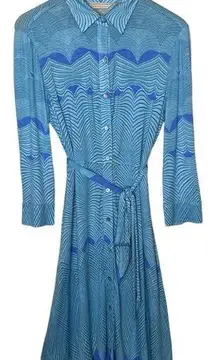 Belted Shirt Dress Blue Wavy Print Knee Length size 8