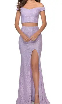 New La Femme Lavender Sequin Lace Crop Top High Slit Maxi Skirt Set Formal Gown