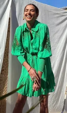 NEVER FULLY DRESSED Green Button Front Long Sleeve Mini Dress