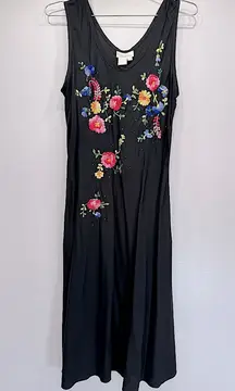 Soft Surroundings Black Sleeveless Dress Embroidered Flowers Summer Sundress