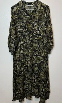 Zara Tropical Palm Leaf Print Midi Button Front Dress Size Large