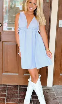 New ASOS Seersucker Plunge V-Neck Tie Waist Mini Sundress Blue White Size 4