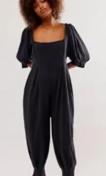 Free People Black Jumpsuit Lotta Love Balloon Sleeve Cotton Jersey Jumpsuit
