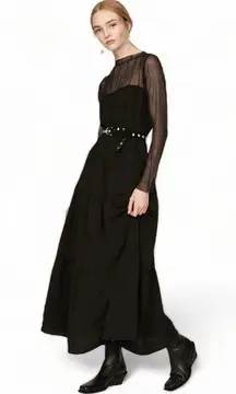PAMELA LOVE Sheer Maxi Tiered Dress Black Long Sleeves Wednesday Goth Emo Size L