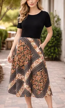 TORRID Black Boho Midi Dress Floral Mixed Media Scarf Print Flowy Skirt Size 1