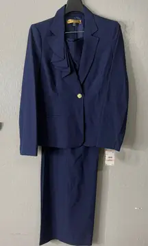 Nipon Boutique Asymmetrical Ruffle 1 Button Jacket & Wide Leg Pant Blue 10