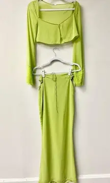 House of CB Tara Georgette Cropped Top & Madeline Maxi Skirt Lime Green Set XS