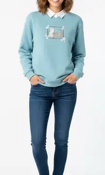 Hasting & Smith Vintage Cat Embroidered Sweater Womens XL Blue Crewneck Layered