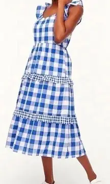 J.Crew  Flutter-Sleeve Ruffle-Tiered Midi Dress Gingham Combo Blue White Size XL