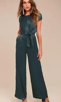 Lulus NWT  Let Me Entertain You Dark Green Satin Wide Leg Jumpsuit M Style 502792