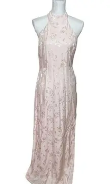 Lulus  Red Carpet Ready Floral Satin Jacquard Halter Dress In Light Rose Medium