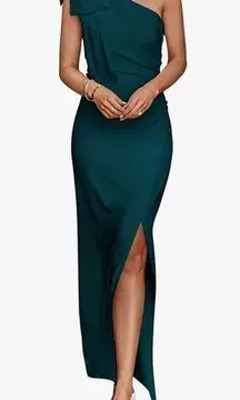 PRETTYGARDEN NEW 1 Shoulder Formal Ruched Bodycon Wedding Guest Slit Maxi Dress M