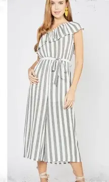 Entro Charcoal White Stripe One Shoulder Capri Jumpsuit Romper Jumper