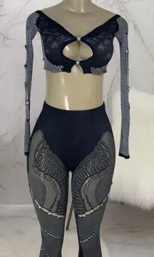 Black Rhinestone Mesh Two Piece Set Crop Top & Leggings Size L
