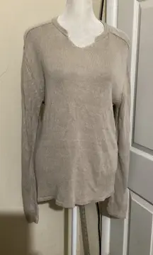 Theory Lightweight Knit V Neck Split Neck Sweater Tan M