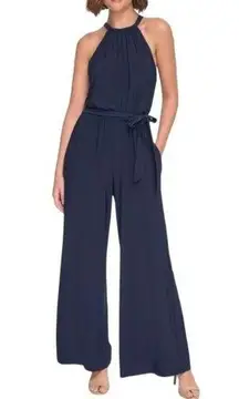 NWT Eliza J Sleeveless Mock Neck Halter Jumpsuit Size 2 Navy Blue Wide Leg