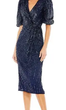 Mac Duggal 5578 Sequined V Neck Short Puff Sleeve Midi Dress Blue Size 14