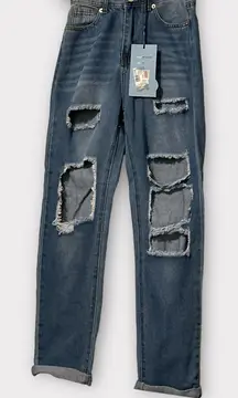 A Q Jeans SZ 5 Women's Distressed light wash Straight Leg Denim Jeans‎