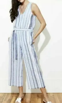 Cloth & Stone Anthropologie Gray White Linen Blend Striped Belted Jumpsuit Small