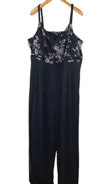 Women’s 5X Black Floral Mesh V-Neck Adjustable Straps Wide Leg Jumpsuit