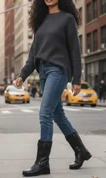 Tory Burch Christie 40mm Boots Black Size 8.5 Lug Sole Buckle Mid-Calf