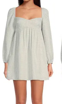 GIANNI BINI Green Gingham Mini Peasant Dress Long Sleeves Low Cut Size 8 New‎