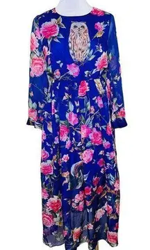 Shyslily Midi Dress LARGE Silk Blend Purple Pink Nature Floral Animals Crewneck