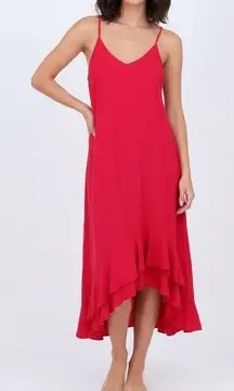 CottonWays Red Asymmetrical Ruffle Midi Dress Spaghetti Strap Size 2
