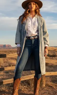 Vintage Women's Medium Riding Barn field Long Denim Trenchcoat Jacket Coat