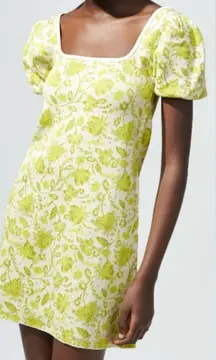 Zara yellow floral puff sleeve mini dress‎ square neck
