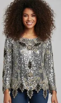 VINTAGE 80s Unbranded Black Silver Sequined Beaded Leaf Design Silk Lined Top M