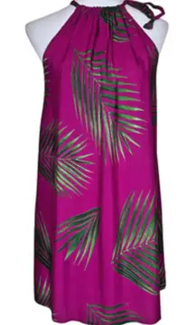 Hula Bay Magenta Green Palm Print Halter Dress Rayon XXL-19 Hawaiian Tropical