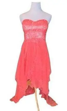 DAISY FORMALS CORAL PINK HIGH LOW CHIFFON LACE STRAPLESS SWEETHEART DRESS SMALL