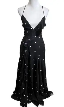 Fame and Partners Polka Dot Evening Gown Ruffles Maxi Dress Black Womens Size 2