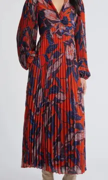 NWT Chelsea28 Floral Print Pleated Long Sleeve Dress Rust Blue Floral Sz XS $149