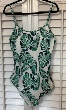 Crane White and Green‎ Palm Print One Piece Swimsuit Size XXL