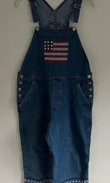 VINTAGE DENIM CROPPED‎ AMERICAN FLAG CAPRI OVERALLS