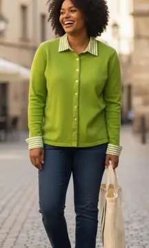 Jones New‎ York Signature Green Button-Up Cardigan Striped Collar Cuffs M Trendy