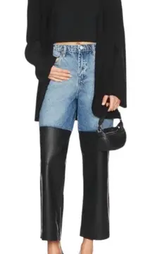 Blank NYC Jeans Womens 26 Blue Baxter Wide Leg Rib Cage Moto Faux Leather Biker