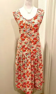 American Vintage VTG 90s Trend Basics Pink Floral Button Front A-Line Drop Waist Midi Dress - S