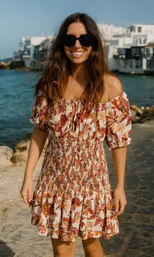 Cato Floral Mini Dress - Brown and Cream