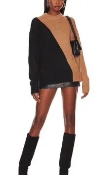 NWT L'Academie Dagan Color Block Crewneck in Black Brown Sweater L